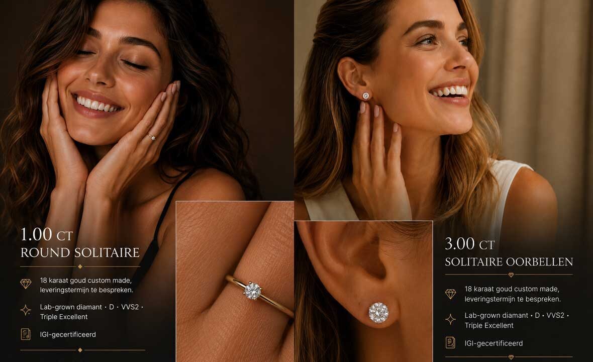 Mannequin 1.00 CT ronde solitaire diamant ring en AI-model met 2 x 1,5 CT solitaire diamant oorbellen referentieprijs lab-grown averis