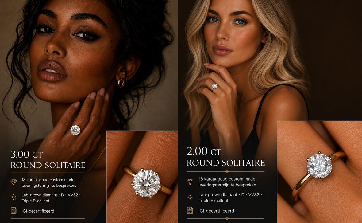 Avertis collectie boven modellen Mannequin zwart model 3.00 CT ronde solitaire diamant ring en referentieprijs lab-grown blonde mannequin met 1 CT ronde solitaire diamant ring